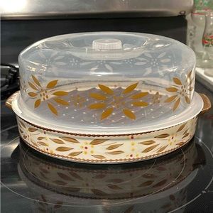 TempTations by Tara Old World Orange Round Baker Quiche Grill Insert Plastic Lid